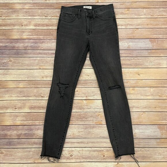 Madewell 9 Inch High Rise Skinny Jeans in Black Sea Knee Holes - Picture 2 of 9